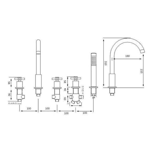 Chrome Bathtub Faucet 5 Pcs